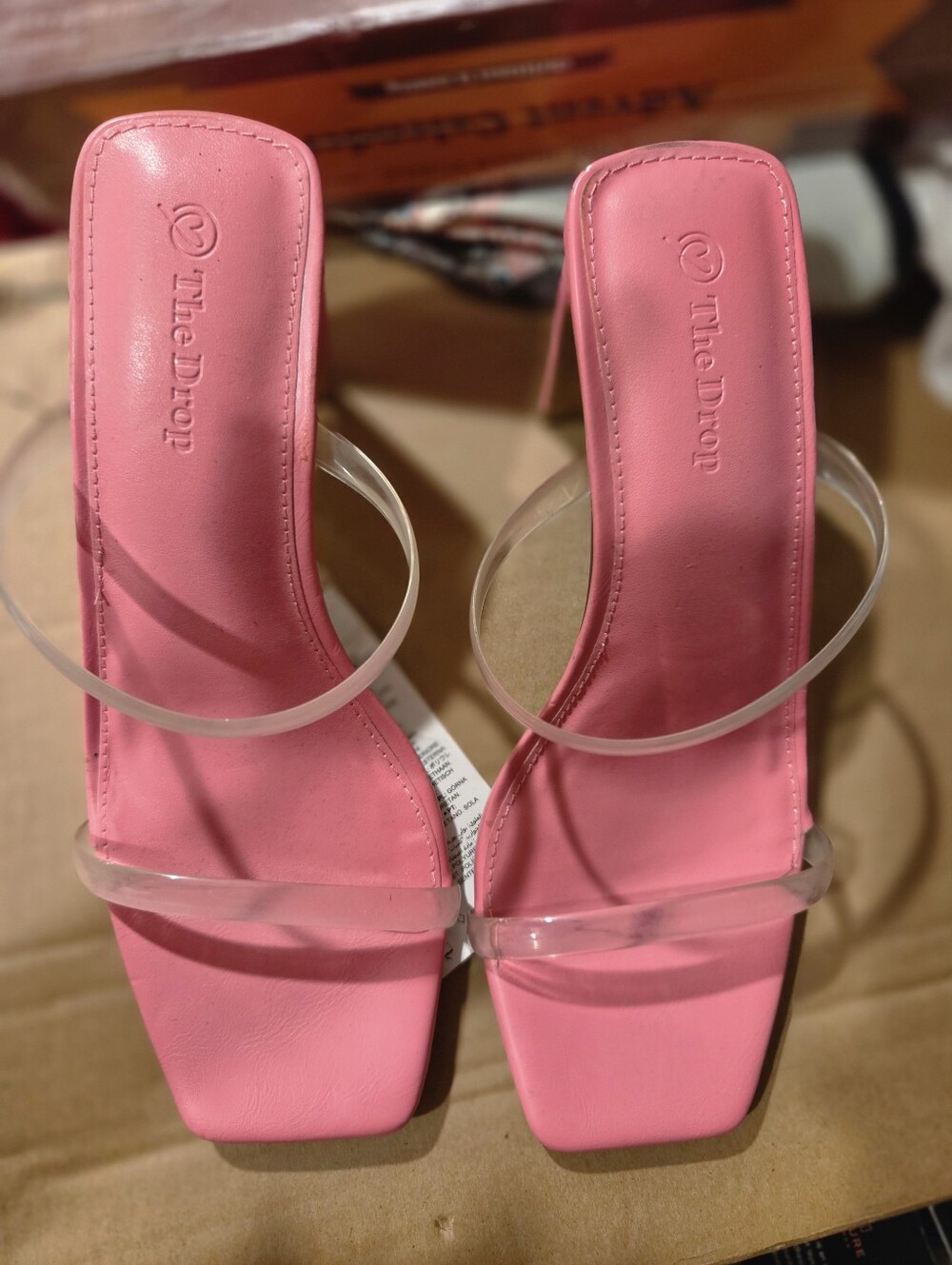 Pink Square-Toe Clear-Strap Heeled Sandals
